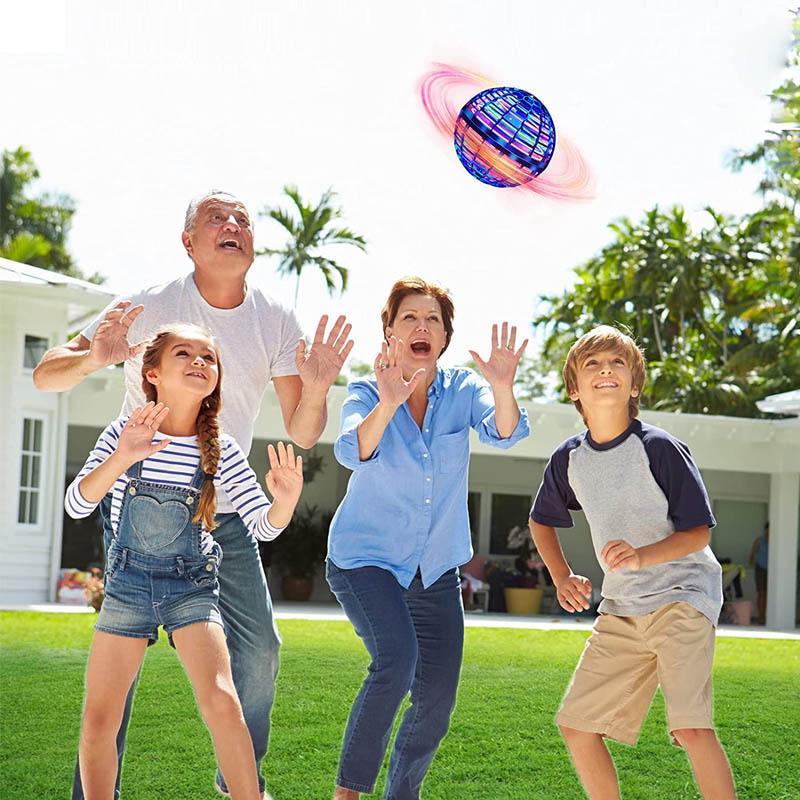 Interactive flying toy boomerang ball showing top view and propeller design