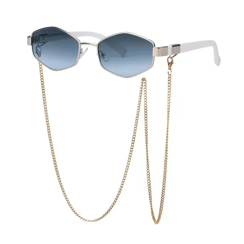 Model wearing vintage chain sunglasses for a chic summer look