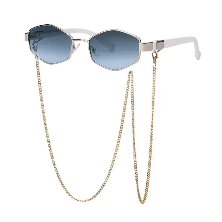 Model wearing vintage chain sunglasses for a chic summer look