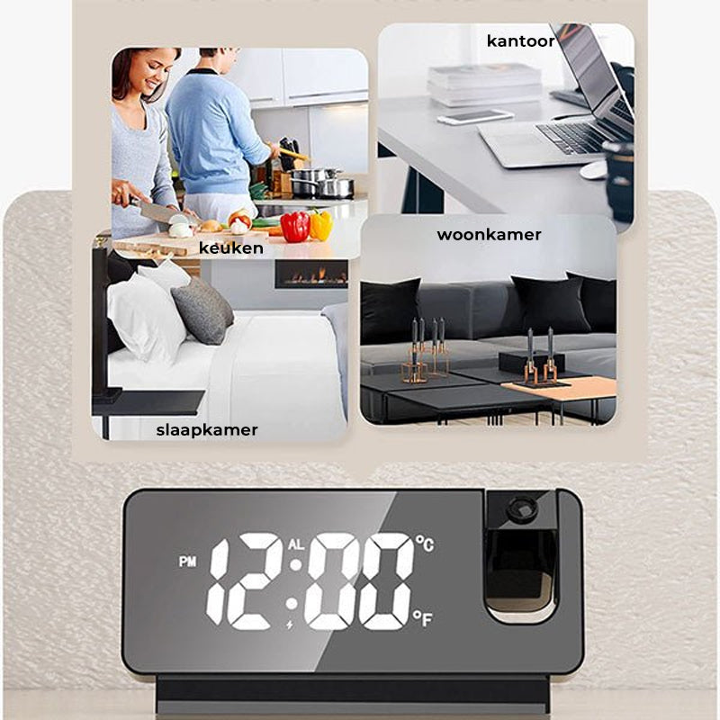 Multifunctional projection alarm clock angle view with sleek black finish