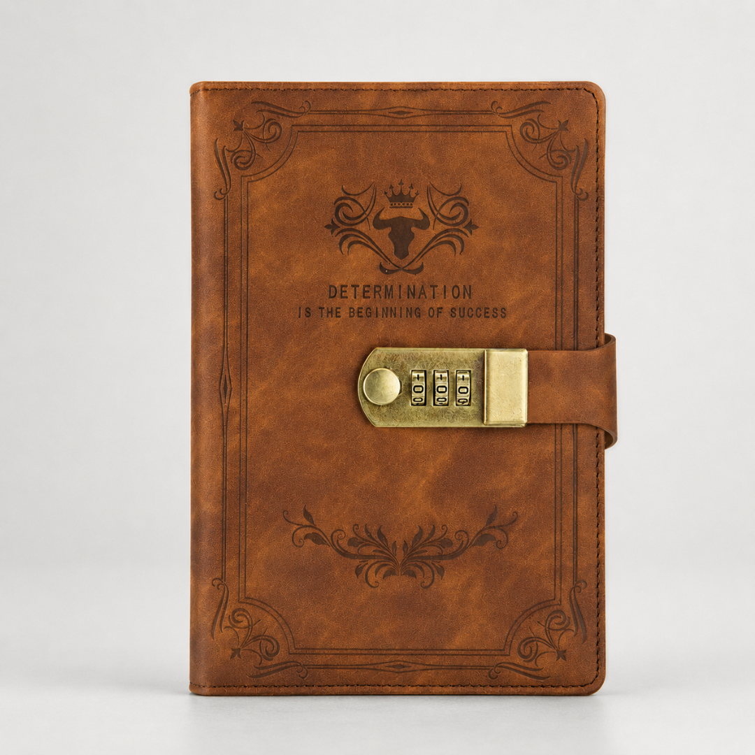 Close-up of the antique-style brass combination code lock on a vintage journal