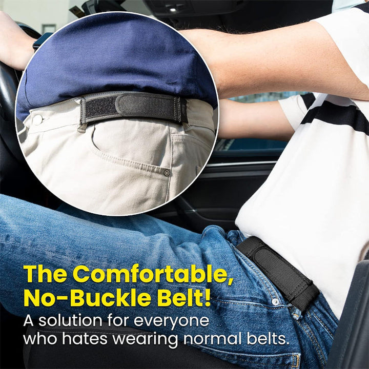 Side view of the no bulge stretch waist belt worn on casual trousers