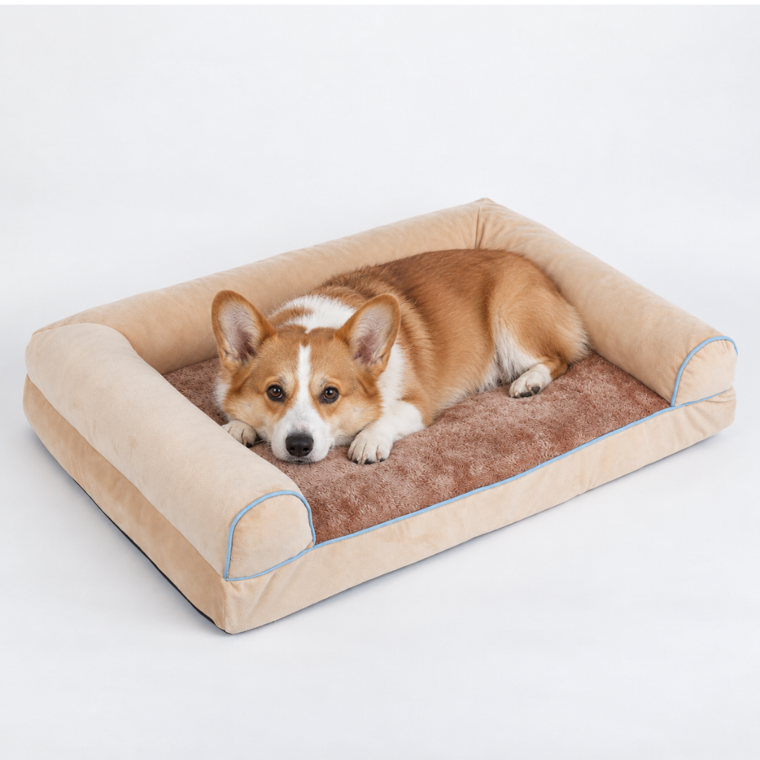 Large dog sofa featuring soft grey fabric and cushioned support edges