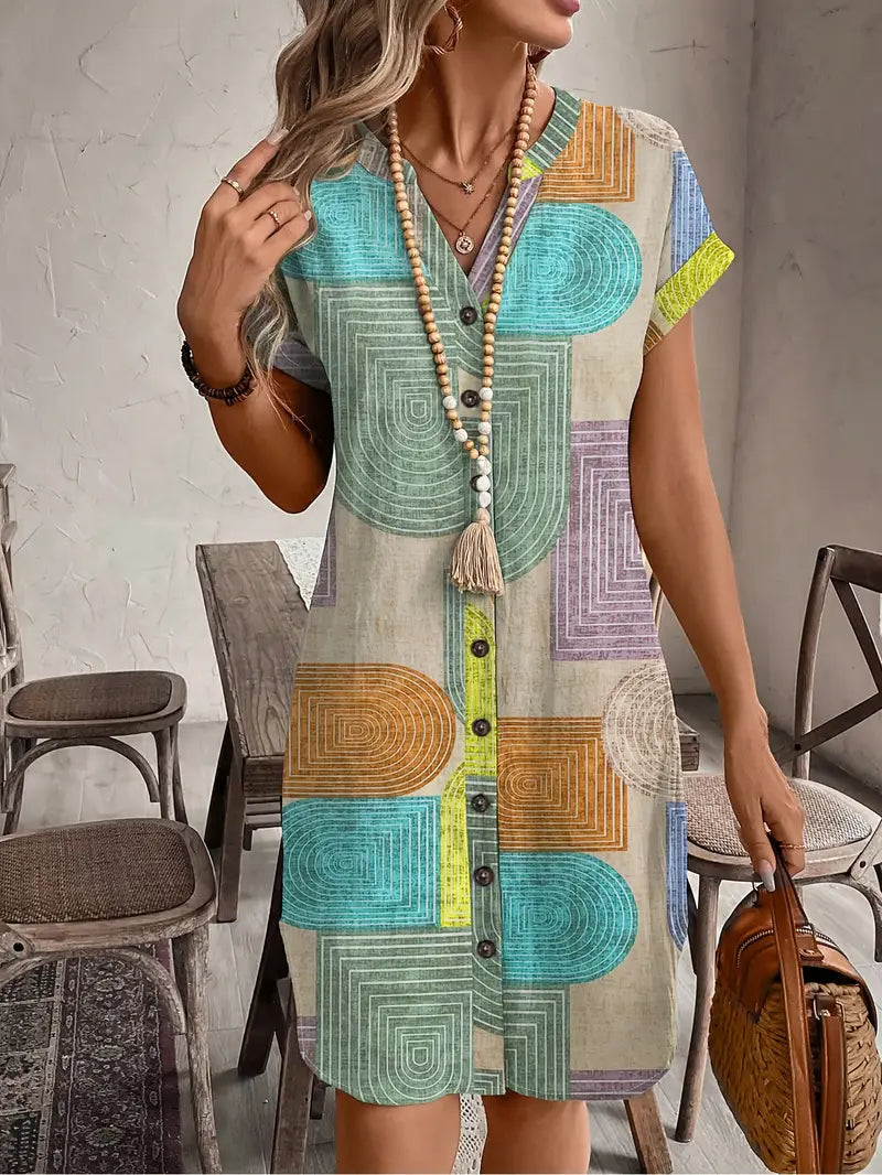 Women's geometric print midi dress front view in multicolour