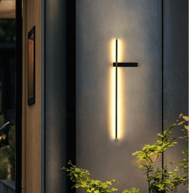 Energy efficient LED garden lighting mounted vertically beside a front entrance door
