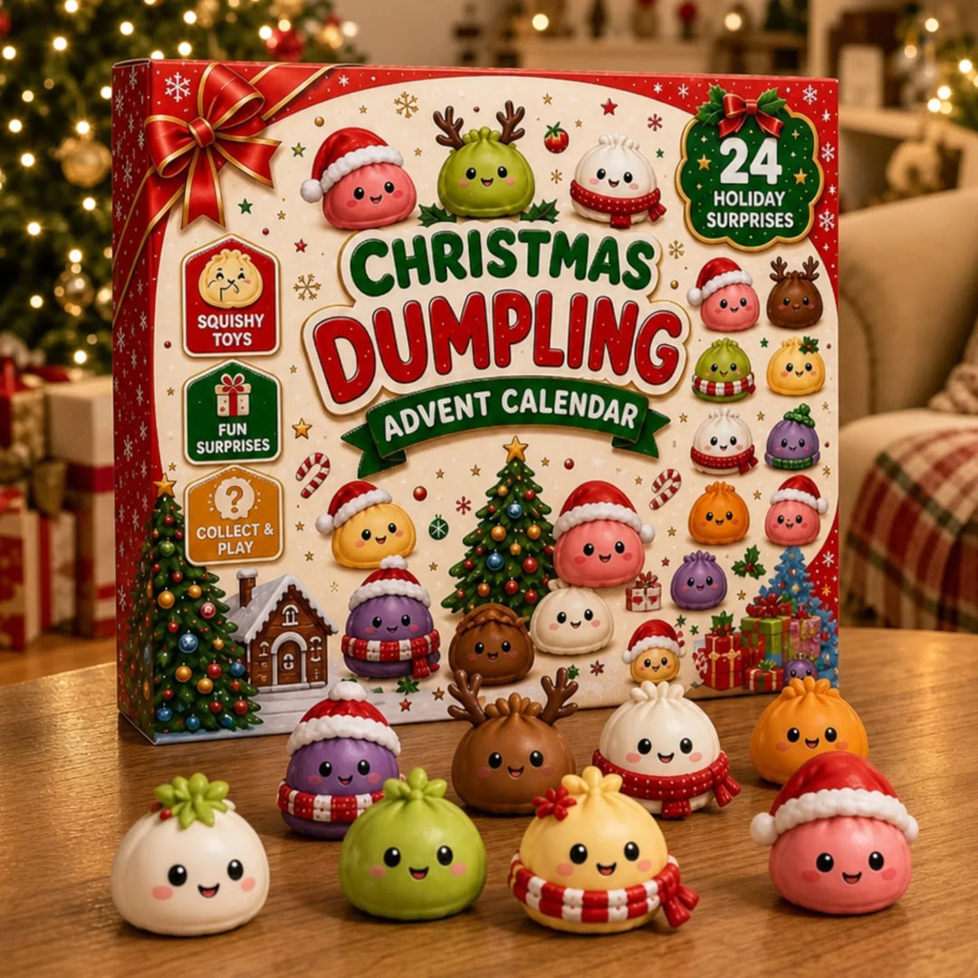 Christmas dumpling advent calendar box with cute squishy characters displayed in front