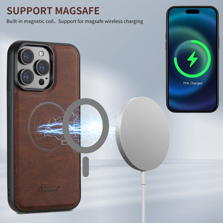 Phone case showing MagSafe wireless charging alignment with a charging puck