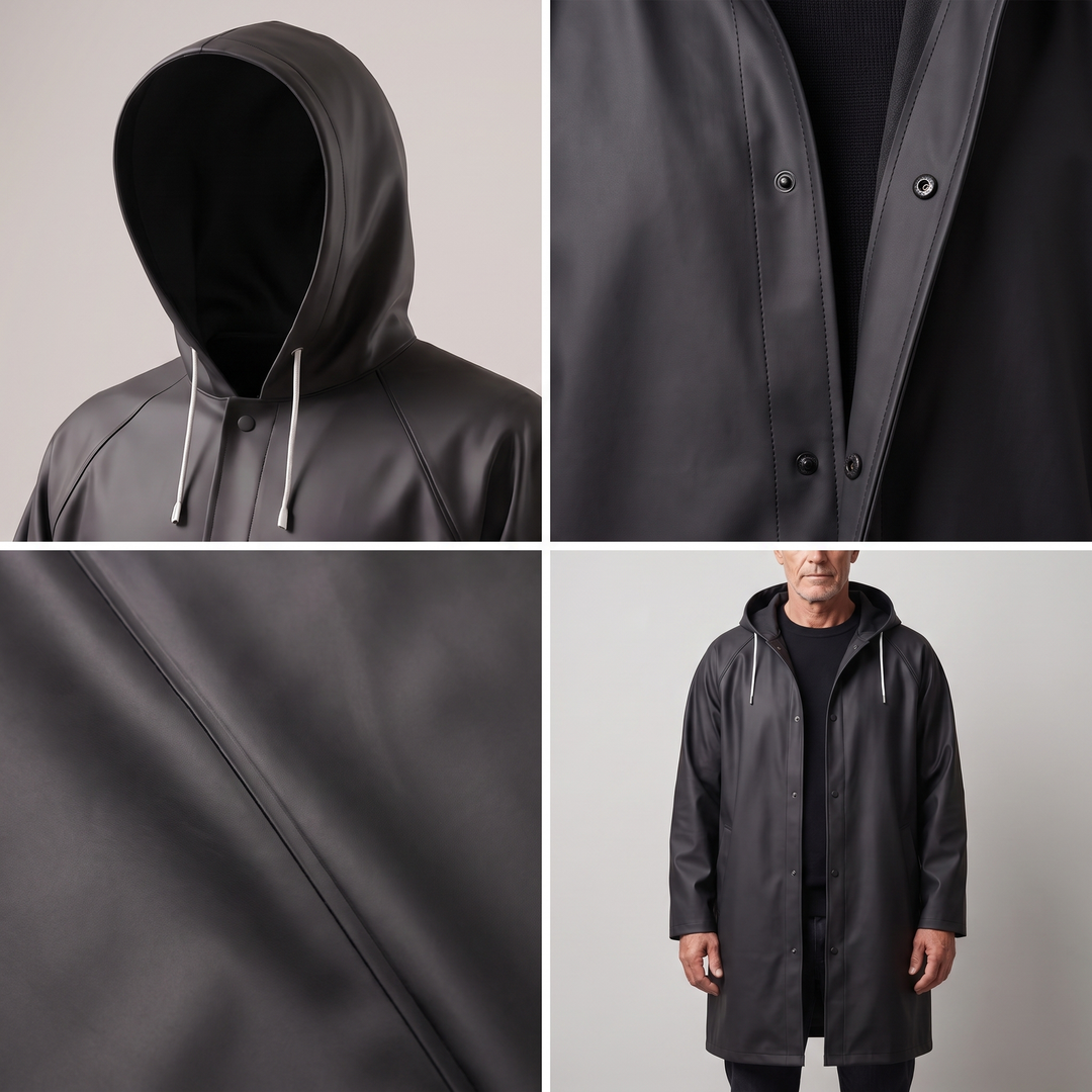 Close-up of waterproof fabric and zipper on Jaxon rain gear