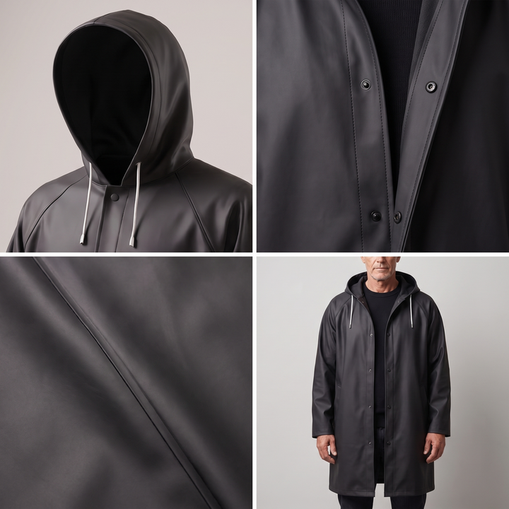 Close-up of waterproof fabric and zipper on Jaxon rain gear