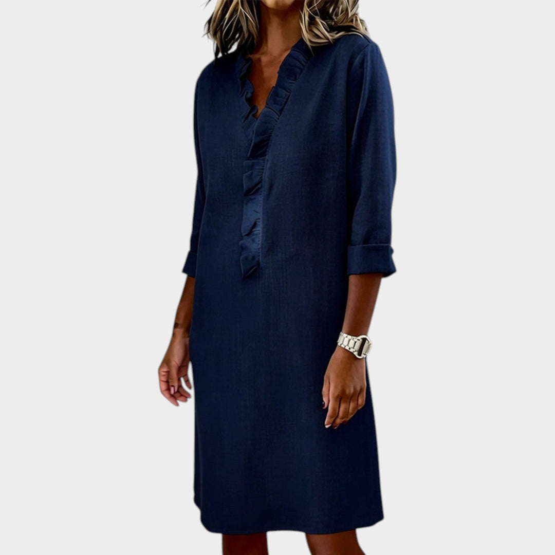 Long sleeve casual midi dress for women featuring V-neck and ruffles