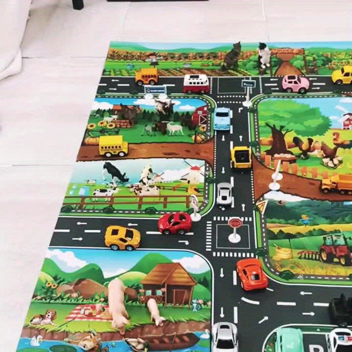 Close-up detail of the colorful farm and road graphics on the play mat