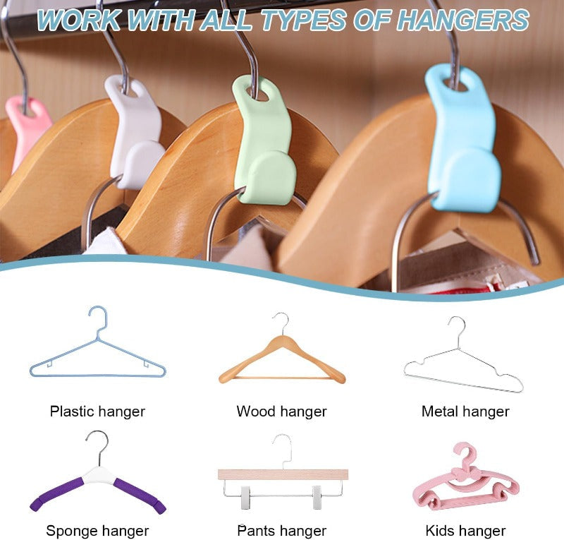 White space-saving hanger hooks hanging vertically on a clothing rod