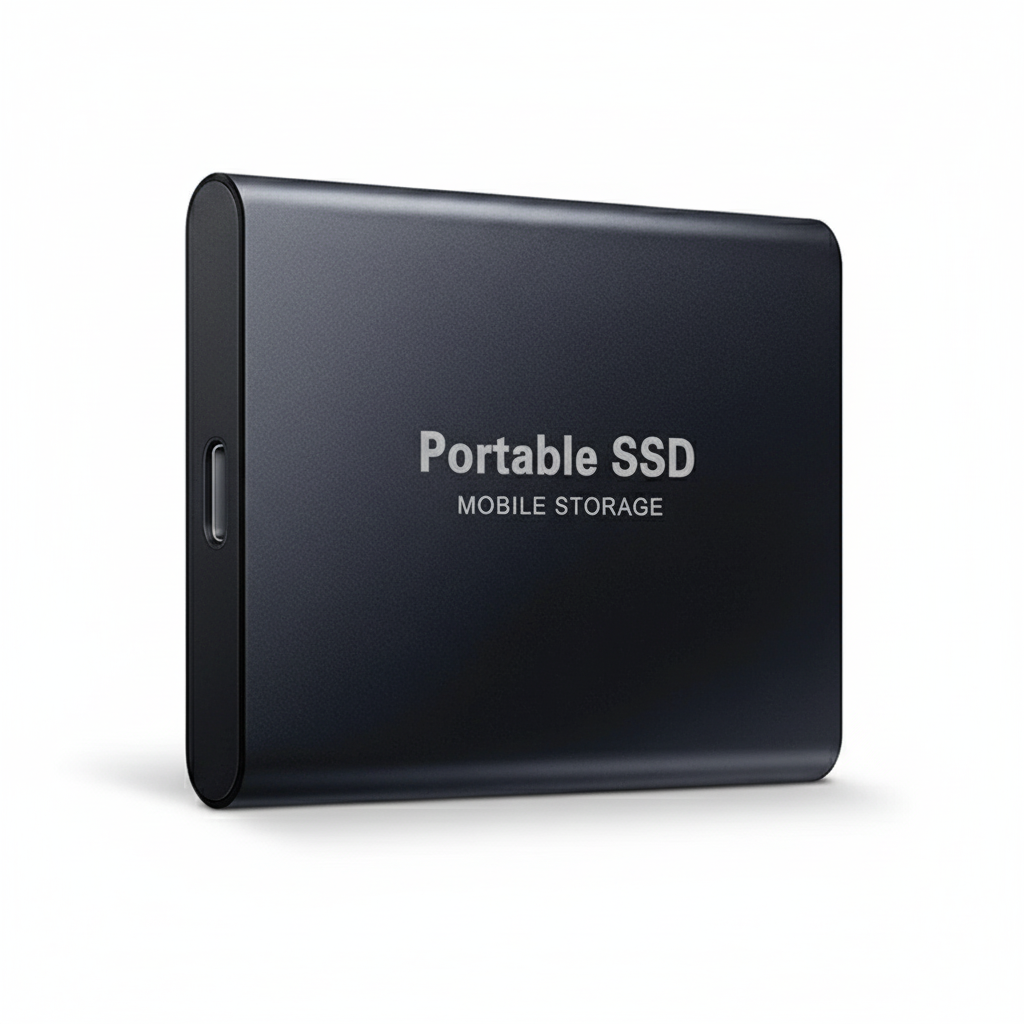 Sleek black portable external solid state drive showing USB-C port and branding