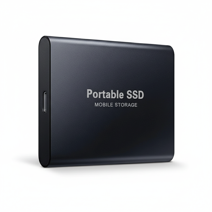 Sleek black portable external solid state drive showing USB-C port and branding