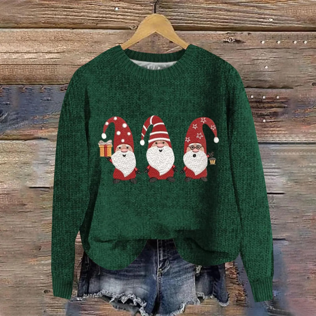 Womens festive Santa Christmas sweater showing back view of holiday knitwear design