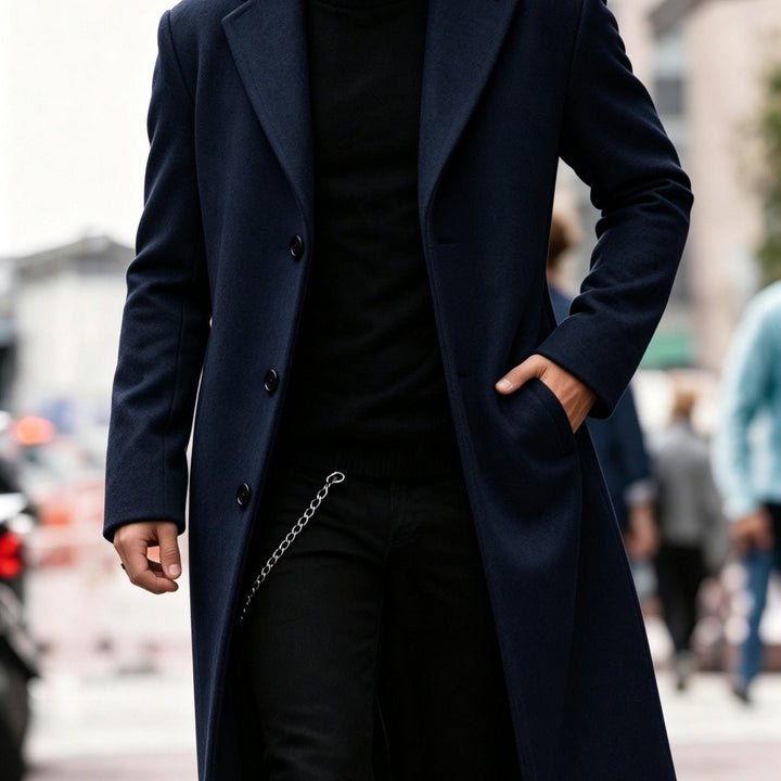 Man wearing navy long trench coat outdoors holding pocket