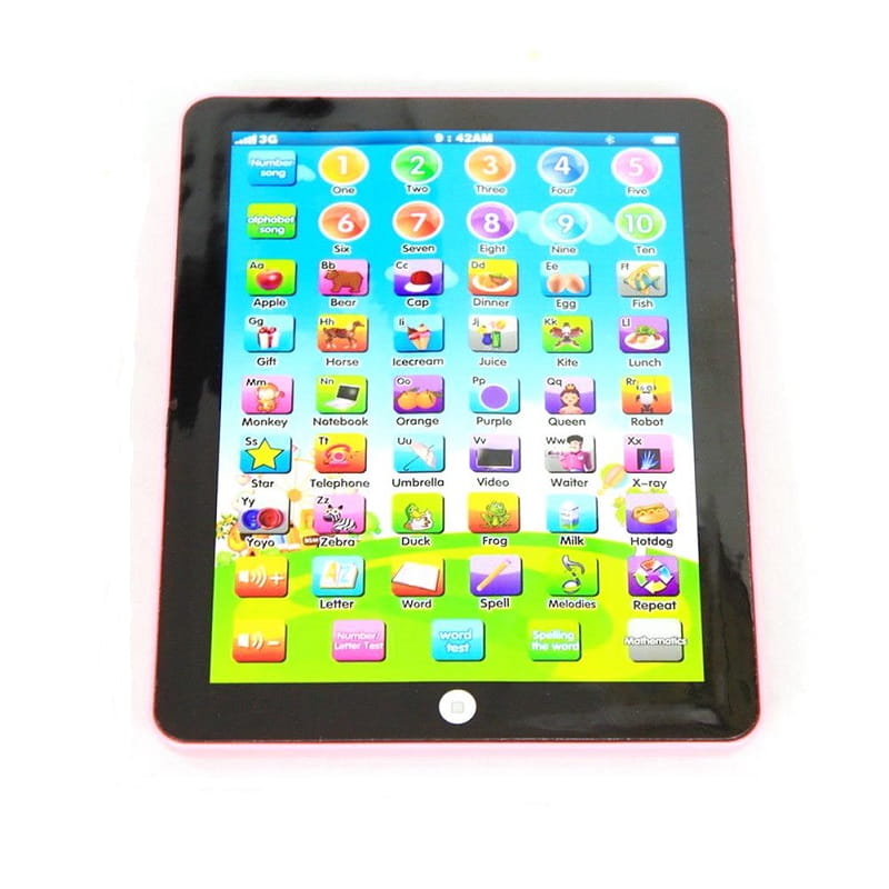 Interactive learning tablet in pink featuring colorful educational buttons and screen