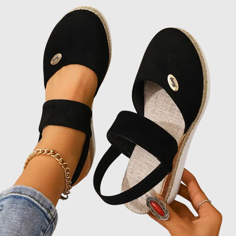 Side profile of supportive platform sandals with ergonomic outsole