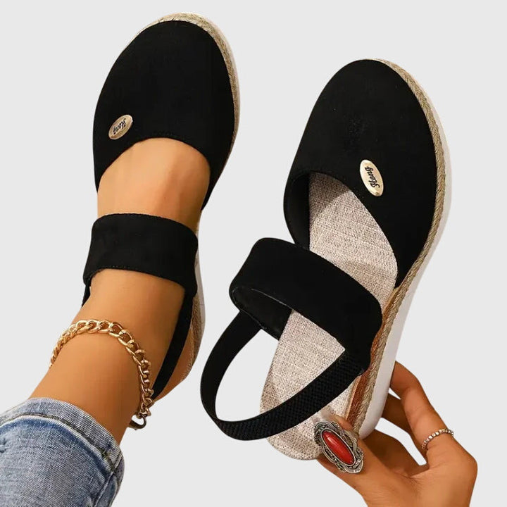 Side profile of supportive platform sandals with ergonomic outsole