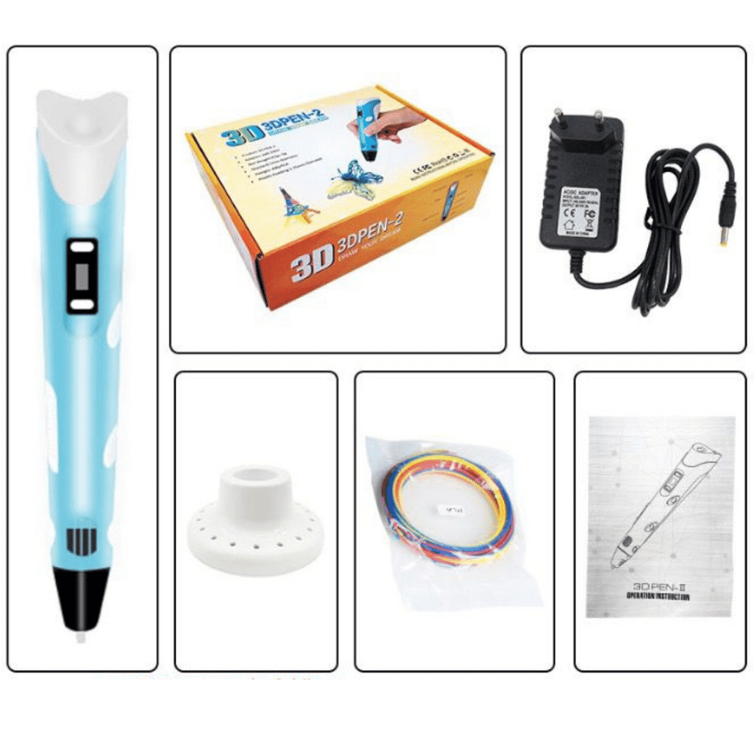 Complete 3D pen kit including power adapter, stand, and filament bundles