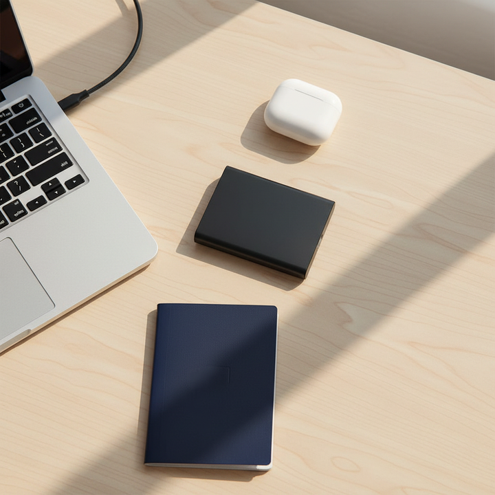 Compact 1TB SSD external solid state drive held in palm showing sleek profile