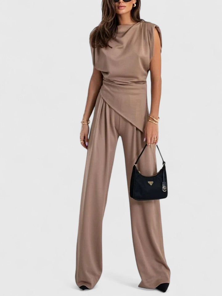 Chic two-piece smart casual outfit featuring draped sleeveless top
