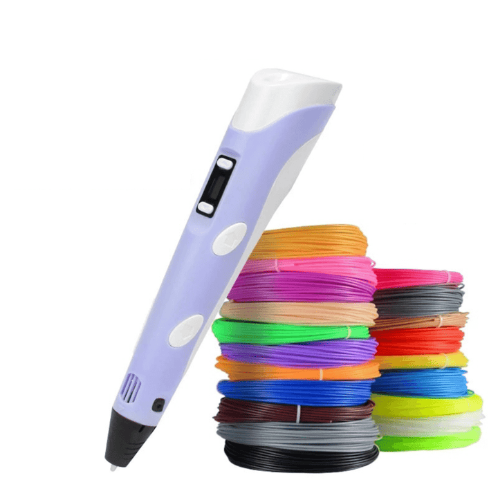Lilac 3D printing pen displayed next to stacked colorful filament rolls