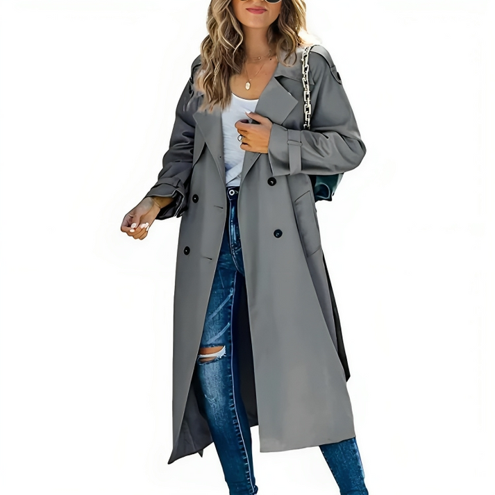 Woman wearing gray double-breasted trench coat