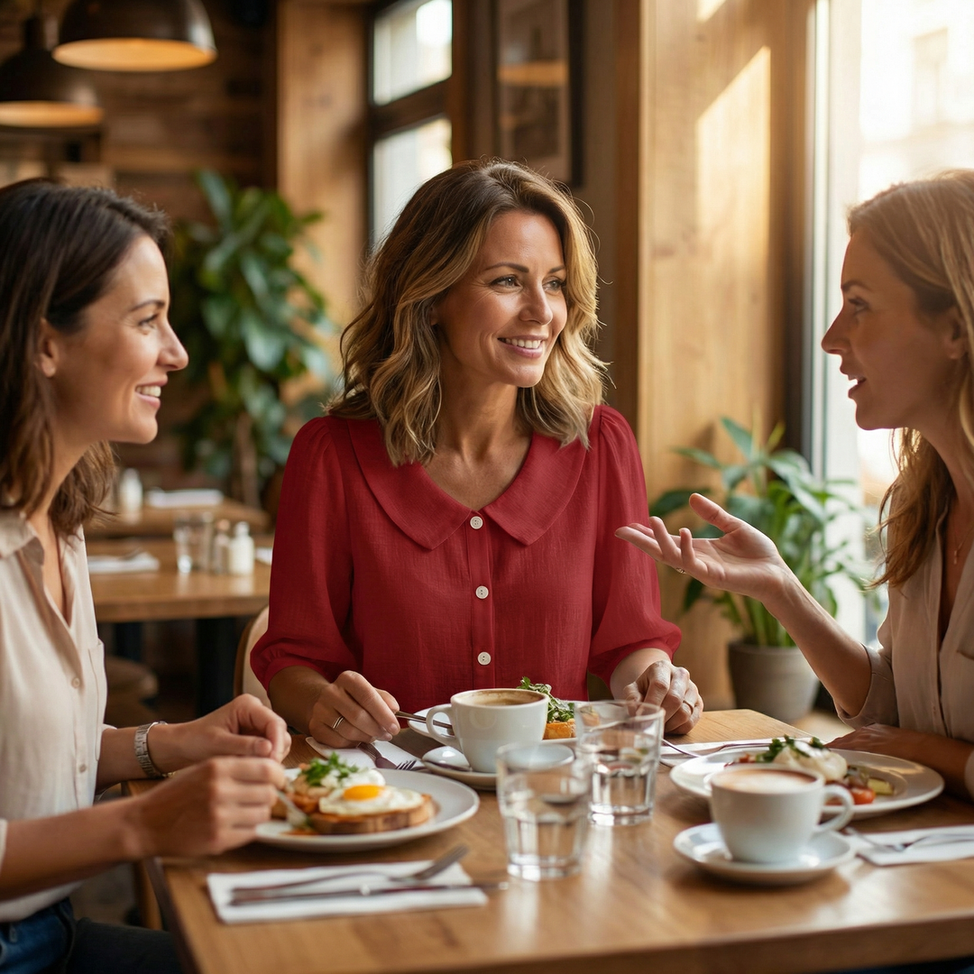 Three women enjoying brunch while wearing stylish vintage-inspired blouses