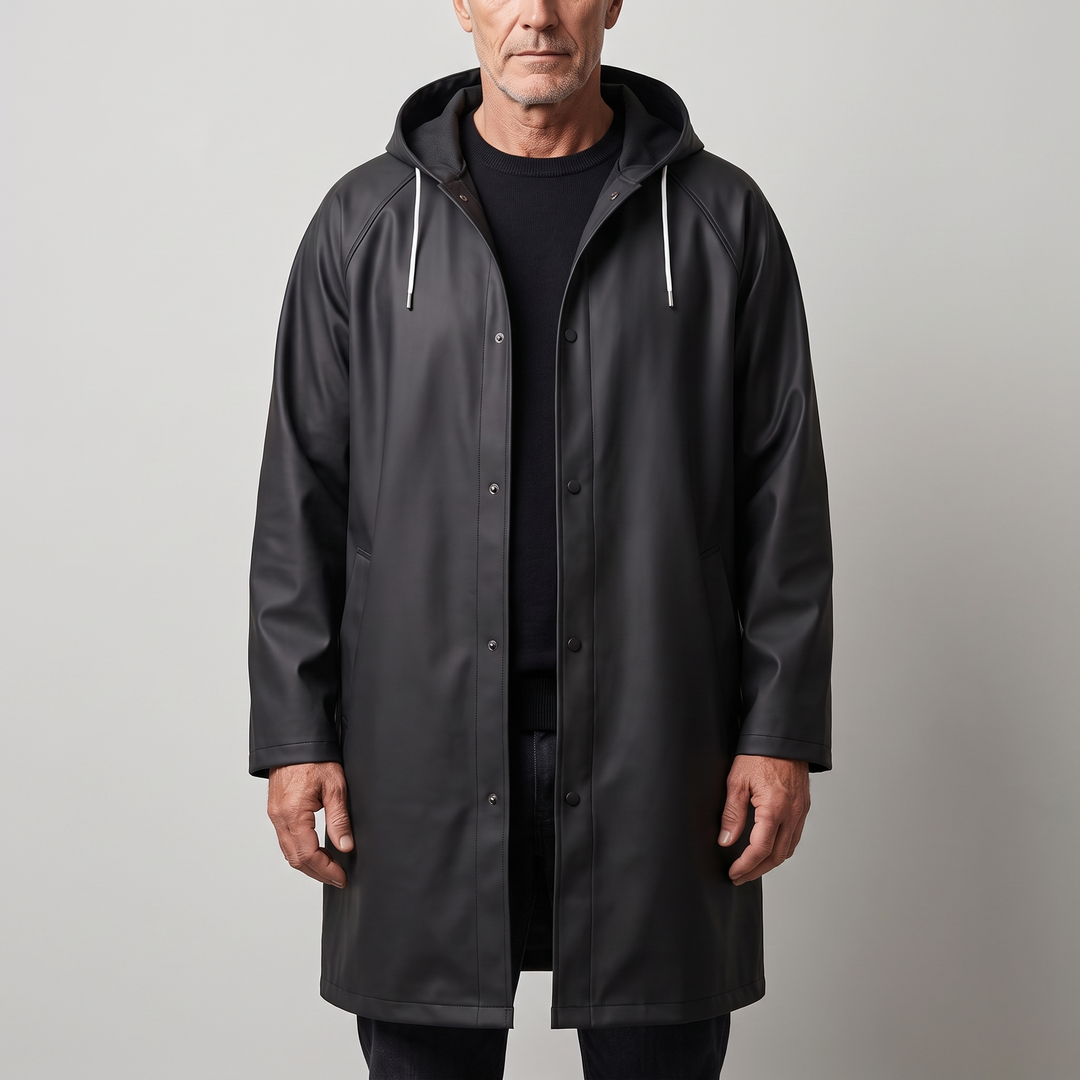 Jaxon Men's Waterproof Long Hooded Raincoat in black, front view