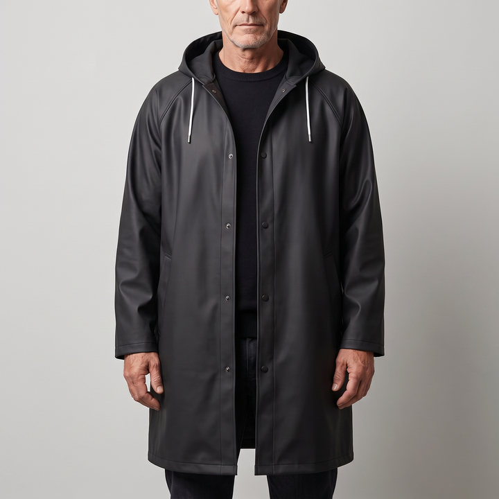 Jaxon Men's Waterproof Long Hooded Raincoat in black, front view