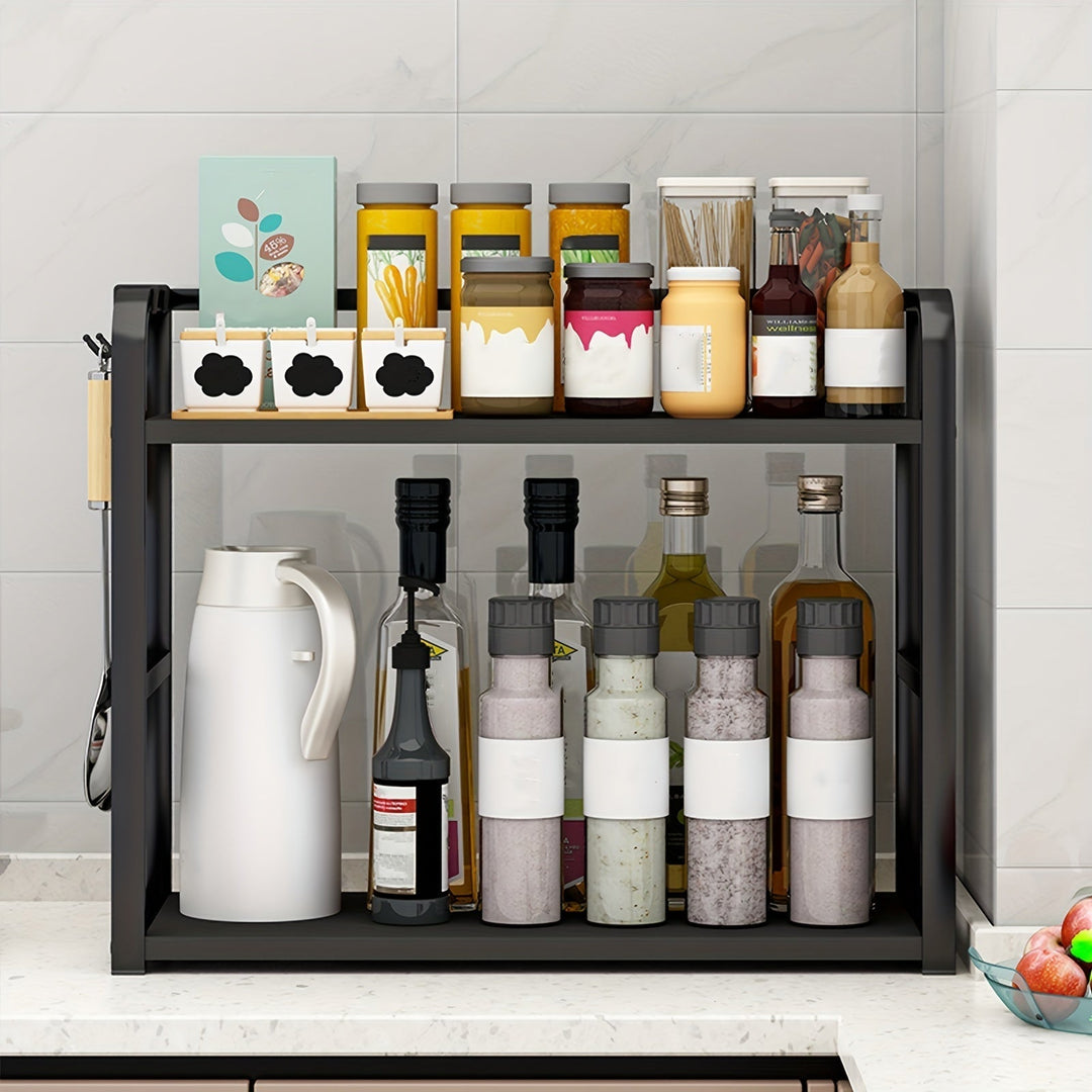 Stainless steel kitchen rack organizer showing tier shelves for countertop storage