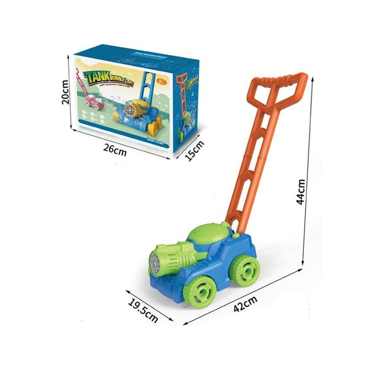 Blue and green bubble lawn mower toy with product packaging and dimensions