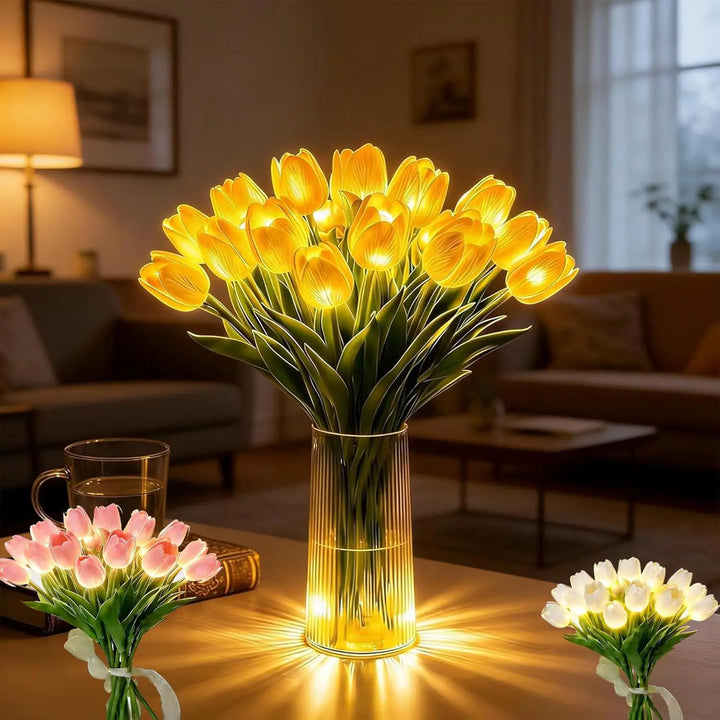 Yellow LED tulip flower lamp illuminating a living room