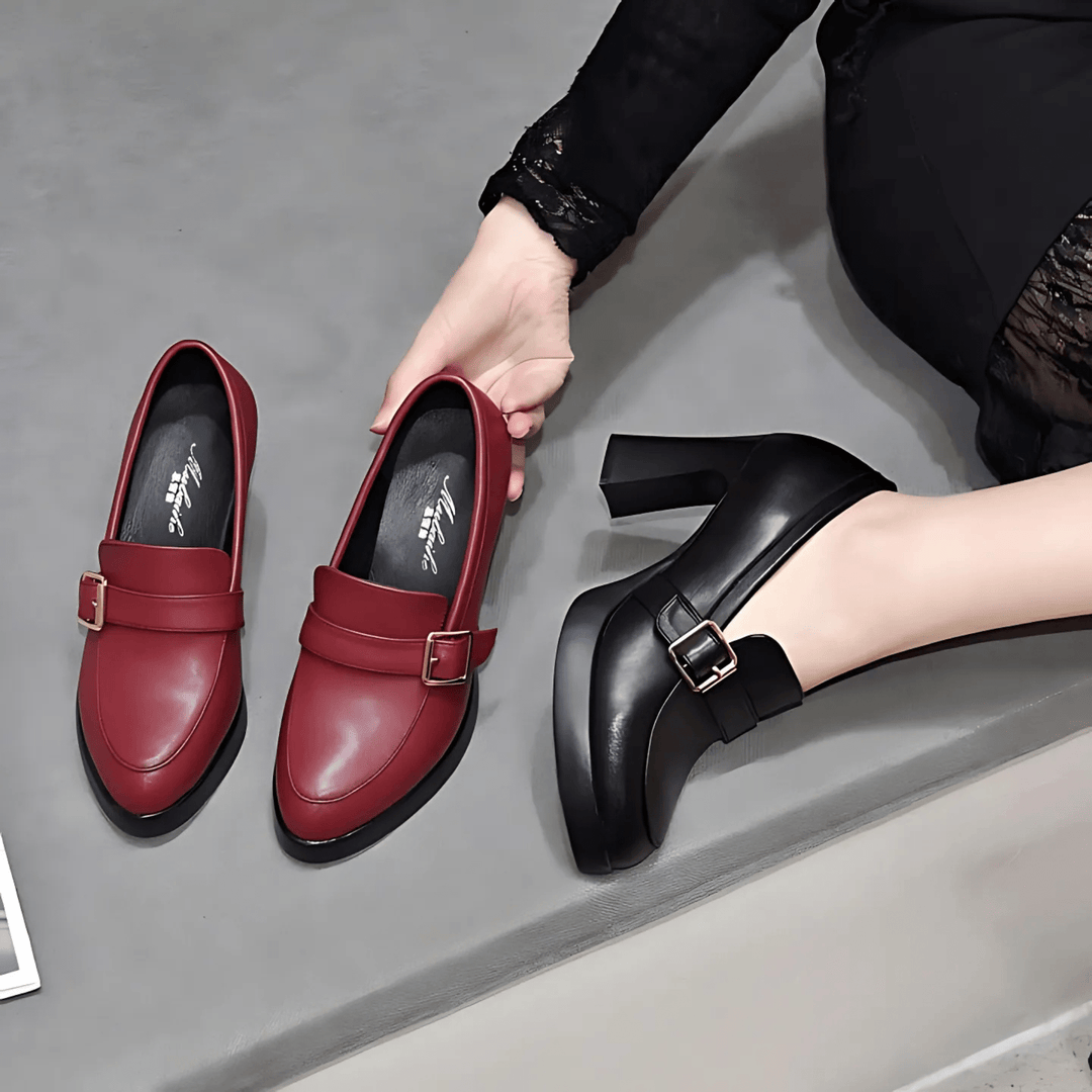 Professional womens work shoes in classic black, showcasing cushioned insoles