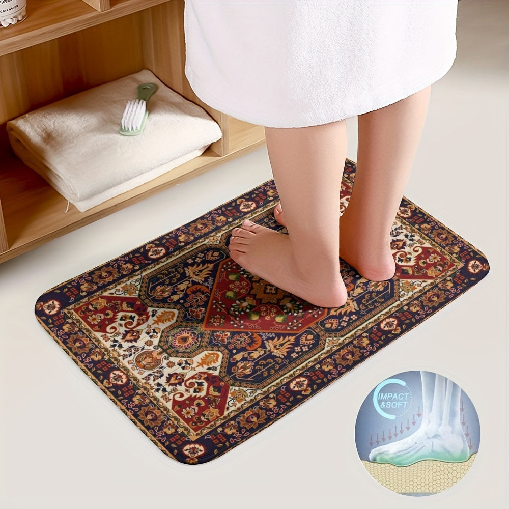 Absorbent bathroom accessories rug set with ornate Persian-inspired motifs and rich colors.