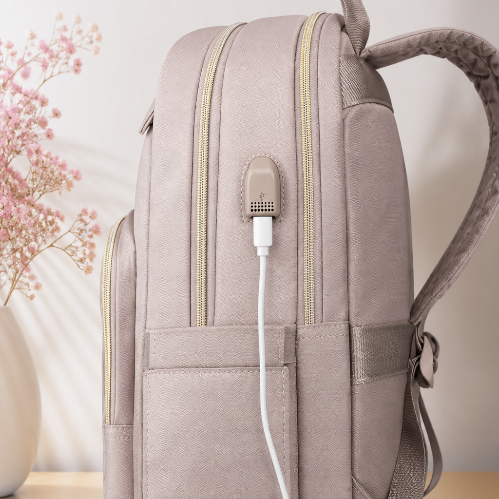 Close-up view of the pink women's tech backpack highlighting the integrated USB port and zipper details