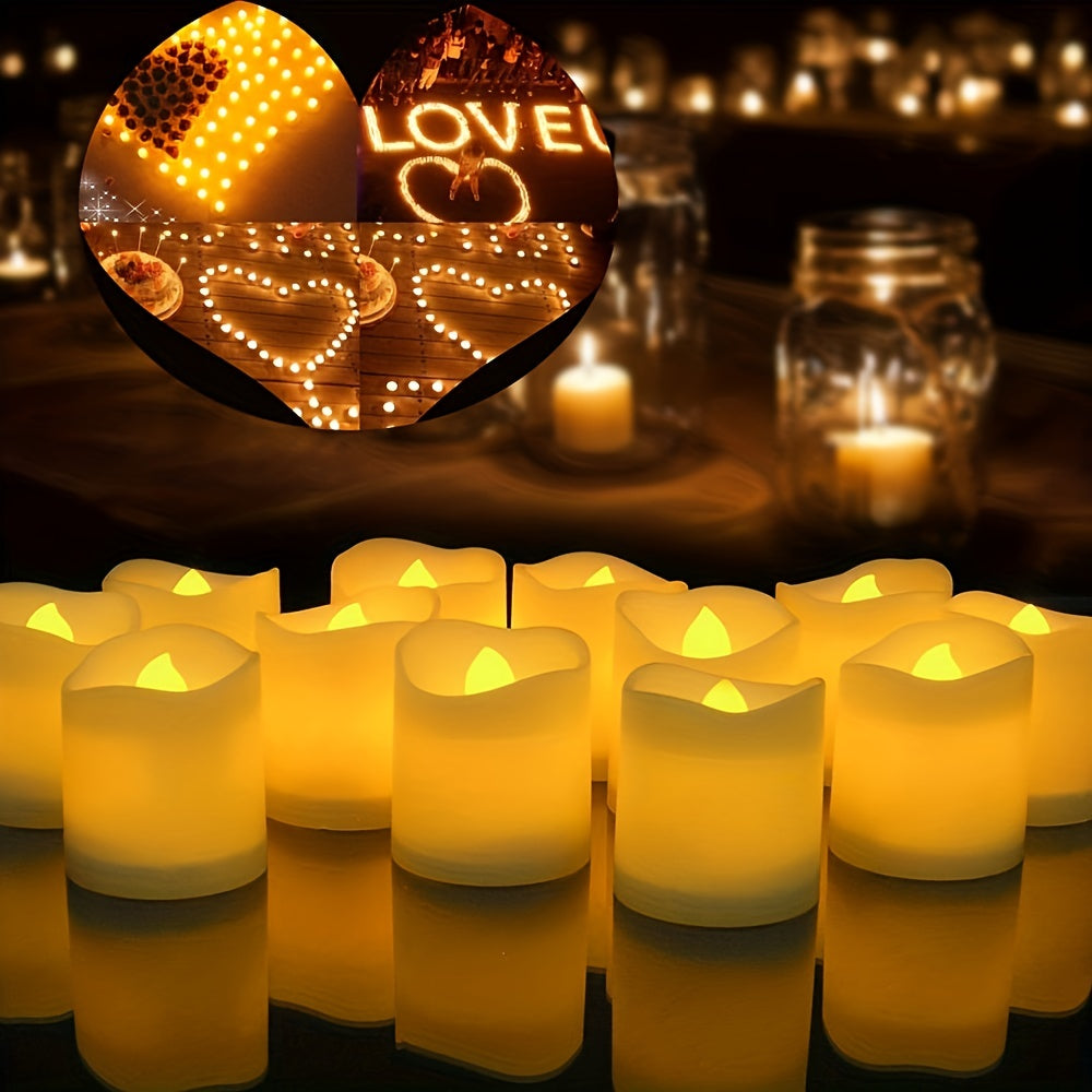 Warm white flameless LED candles glowing in a dark setting