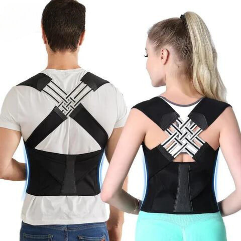 Man and woman wearing black back posture brace from the back view