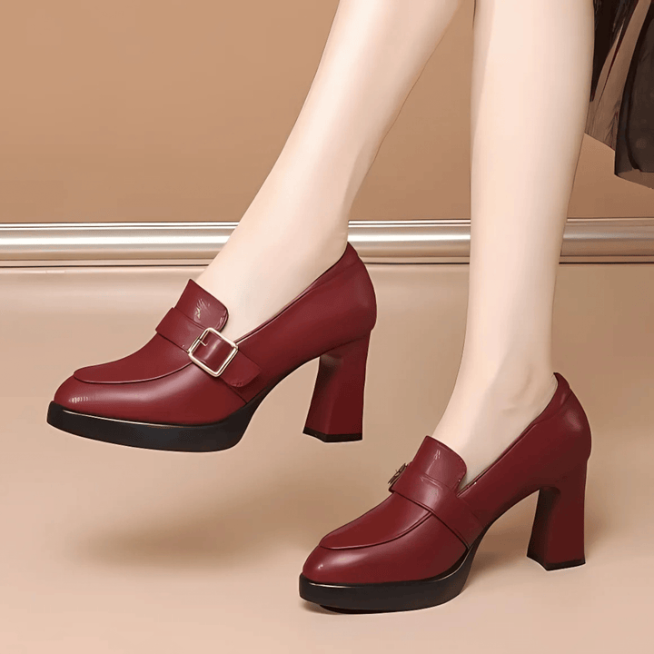 Red stylish orthopedic court shoes worn on model