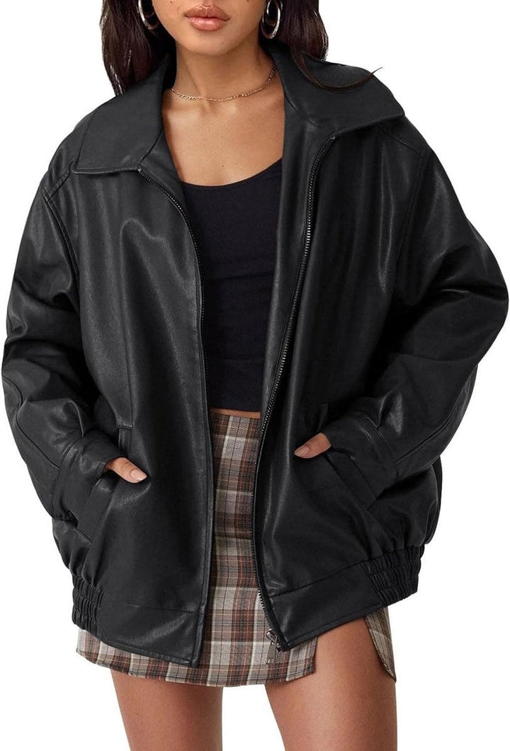 Texture detail of womens fashion leather bomber jacket