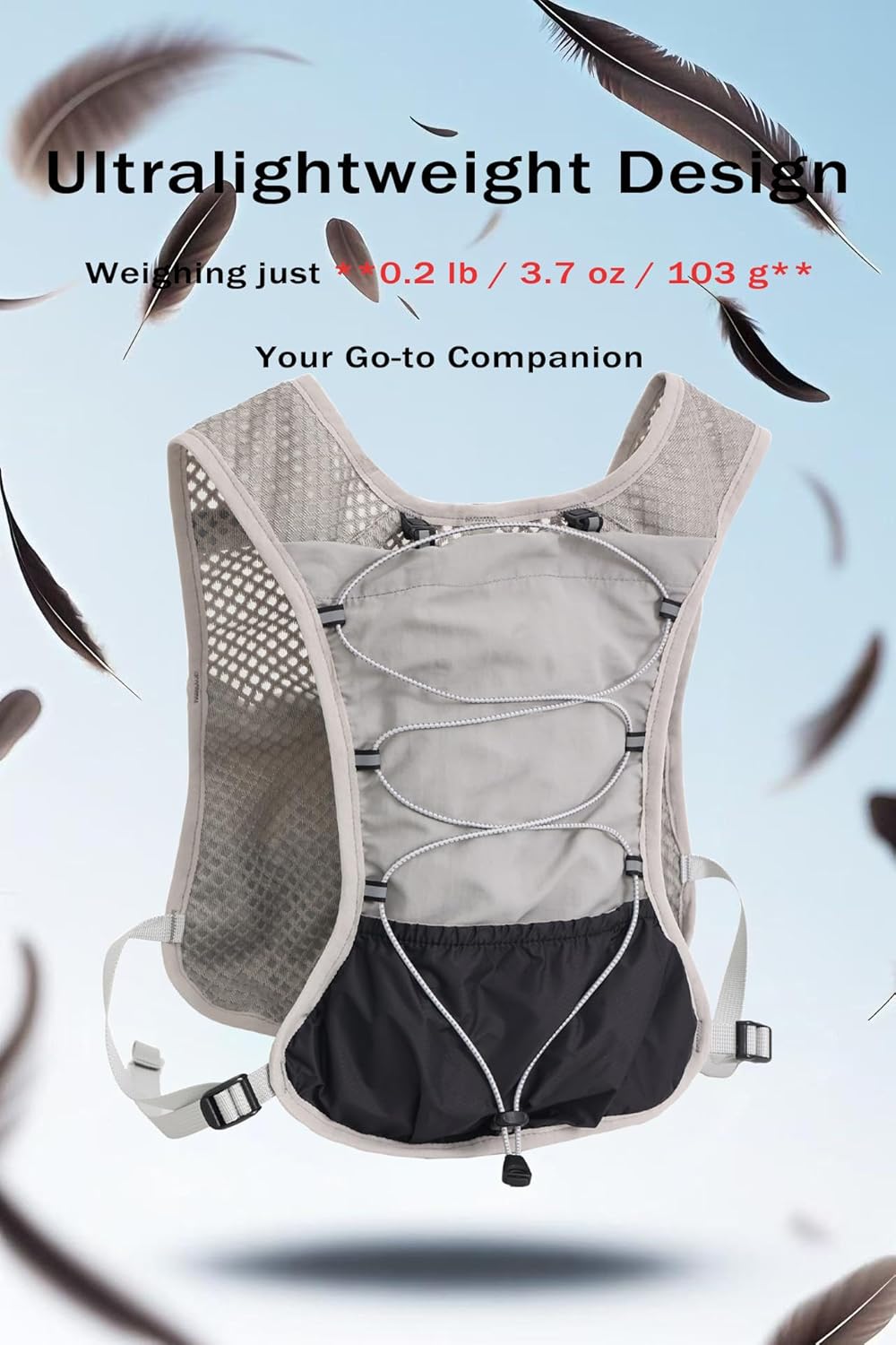 Ultralight grey hydration running vest displayed against a cloudy blue sky background