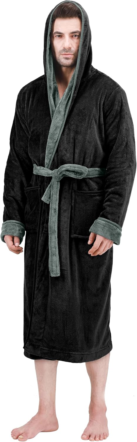 Mens hooded bathrobe worn casually for indoor lounging
