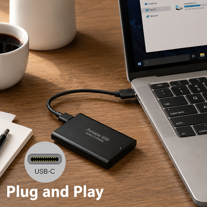 Portable external solid state drive connected to a laptop via USB-C cable with plug and play text