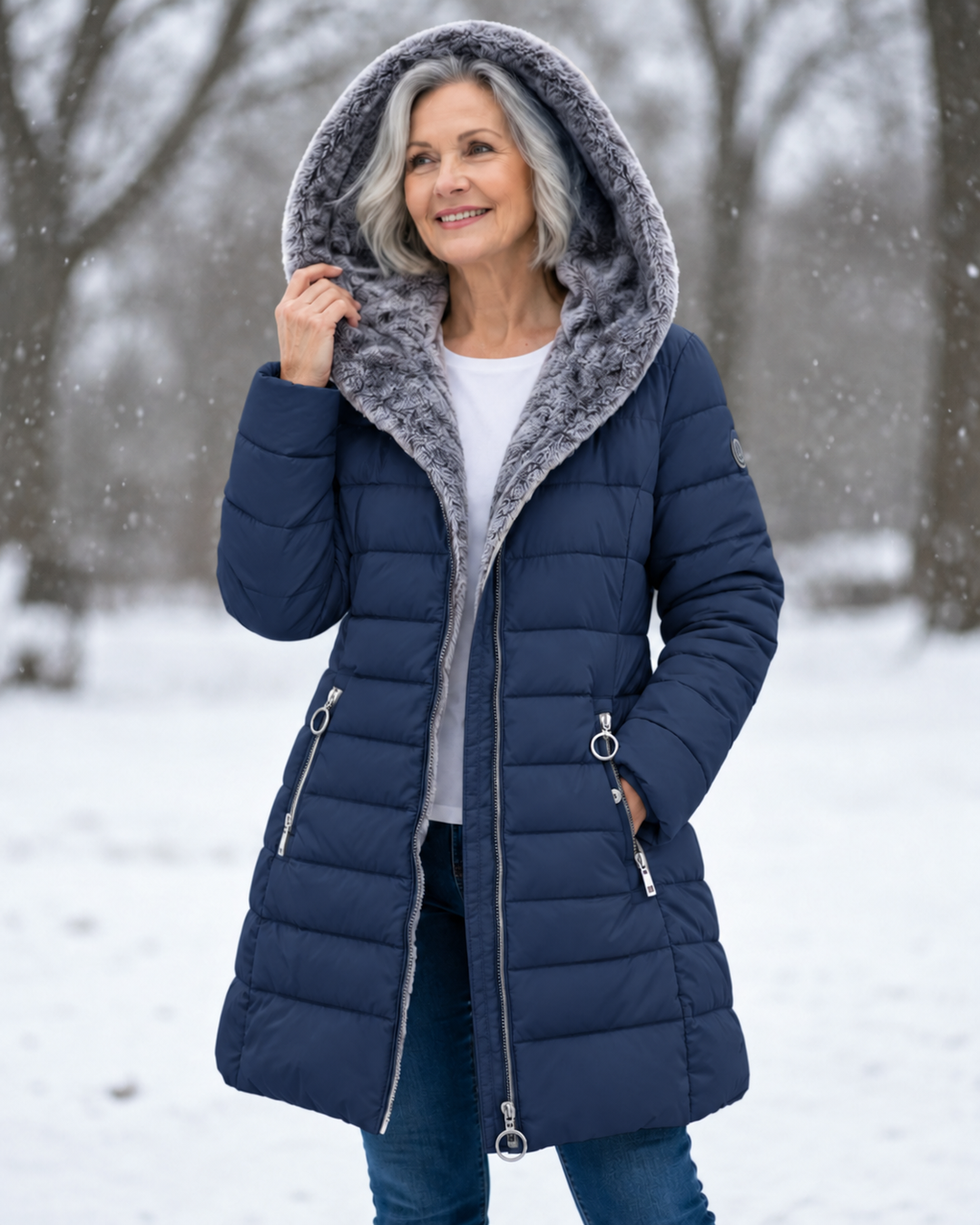 Outdoor lifestyle shot of woman in warm winter coat walking in snow
