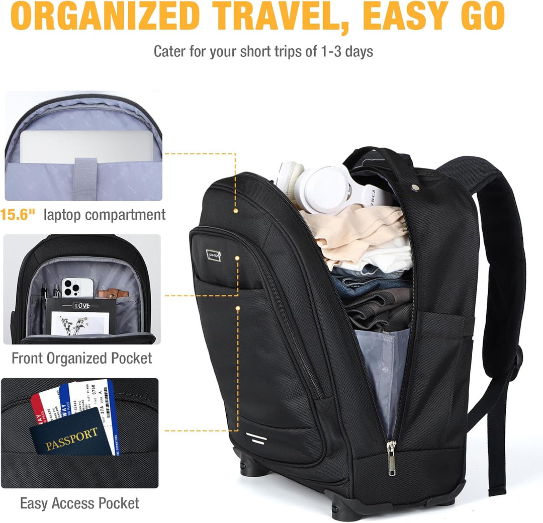 Interior view of rolling backpack showing 15.6-inch laptop compartment and organized packing sections