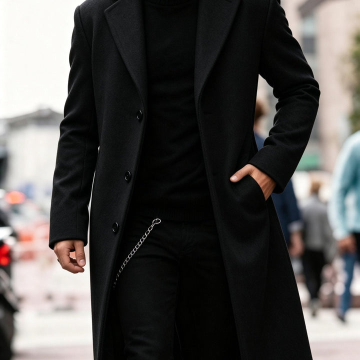 Close-up of the trench coat lapel and adjustable buttoned cuffs for a sophisticated look.