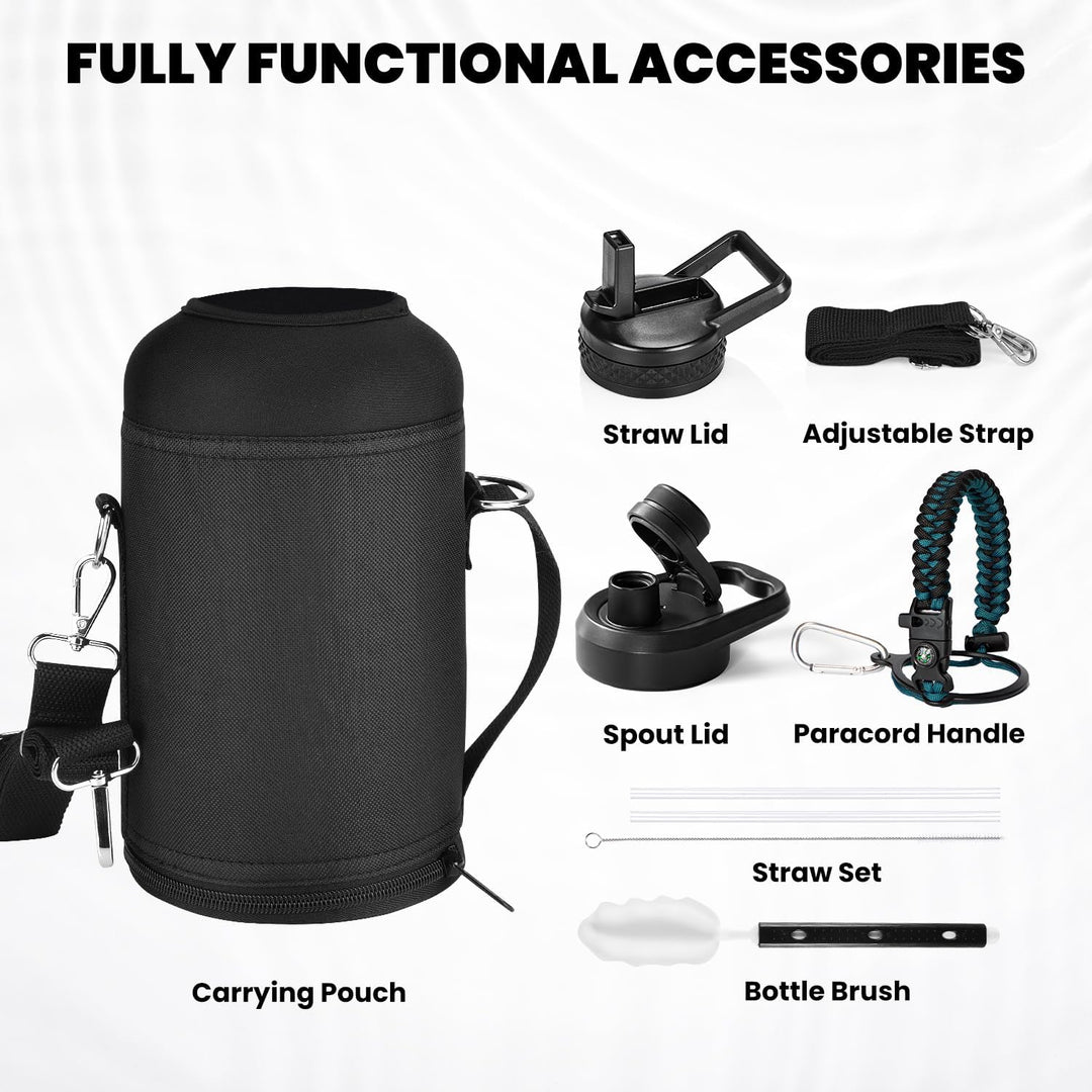 Insulated water bottle accessories including carrying pouch, straw lid, and paracord handle