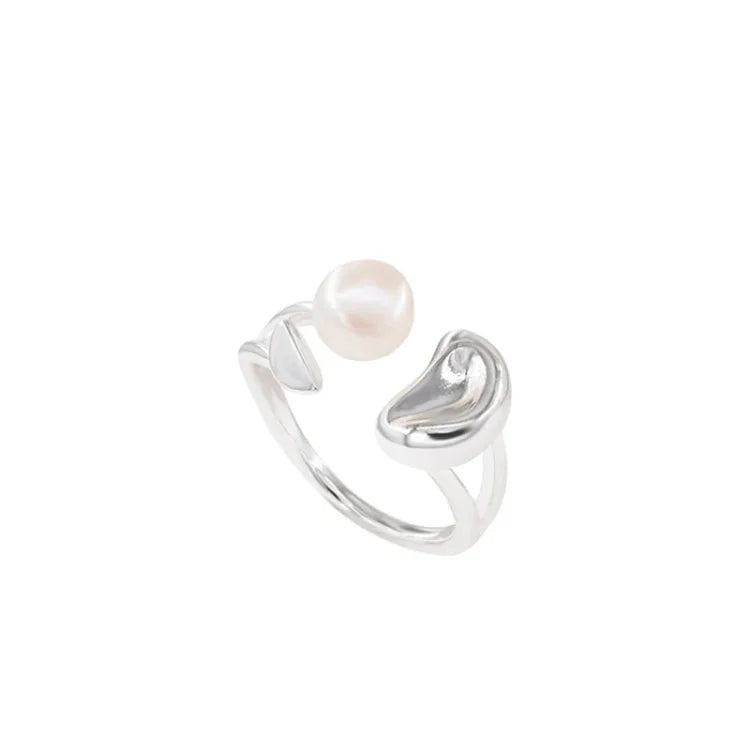 Close-up studio shot of the adjustable silver pearl bean ring on a clean background.