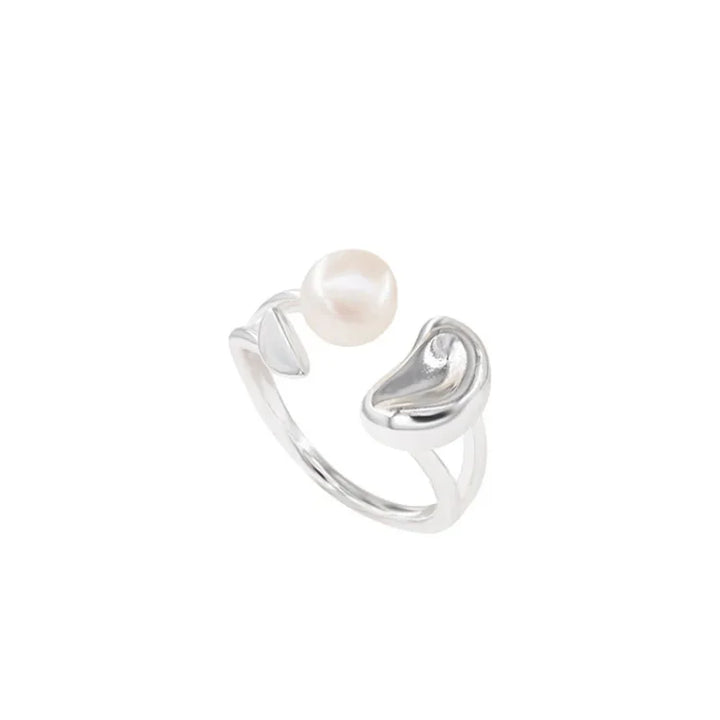 Close-up studio shot of the adjustable silver pearl bean ring on a clean background.
